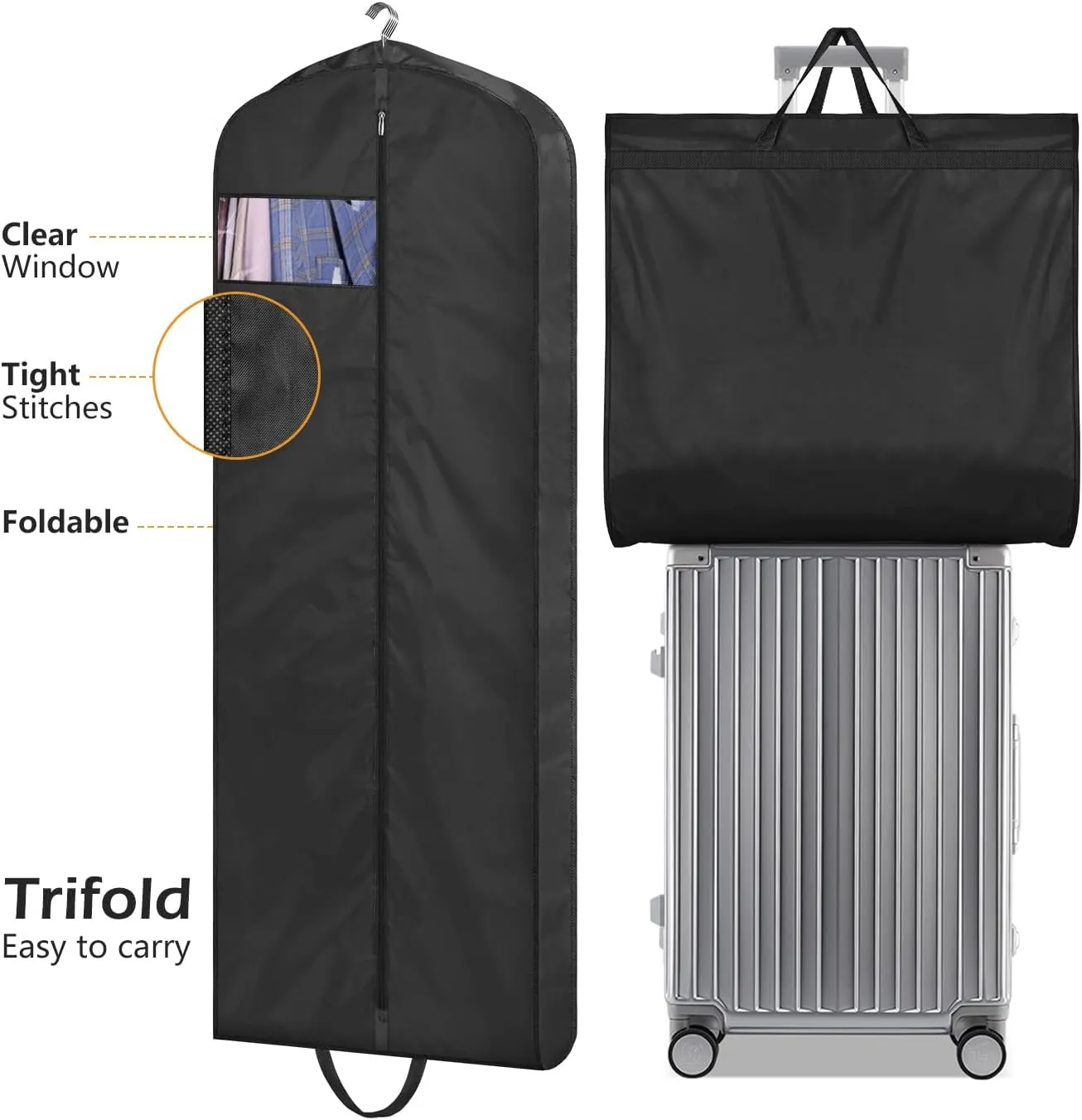 MISSLO 65" Long Garment Bags for Travel Dress Bags Wedding Dress Cover Waterproof Clothing Bags Storage Traveling Clothes Protector for Closet Wardrobe Bags 2 Packs for Gowns, Tuxedos, Coats, Black