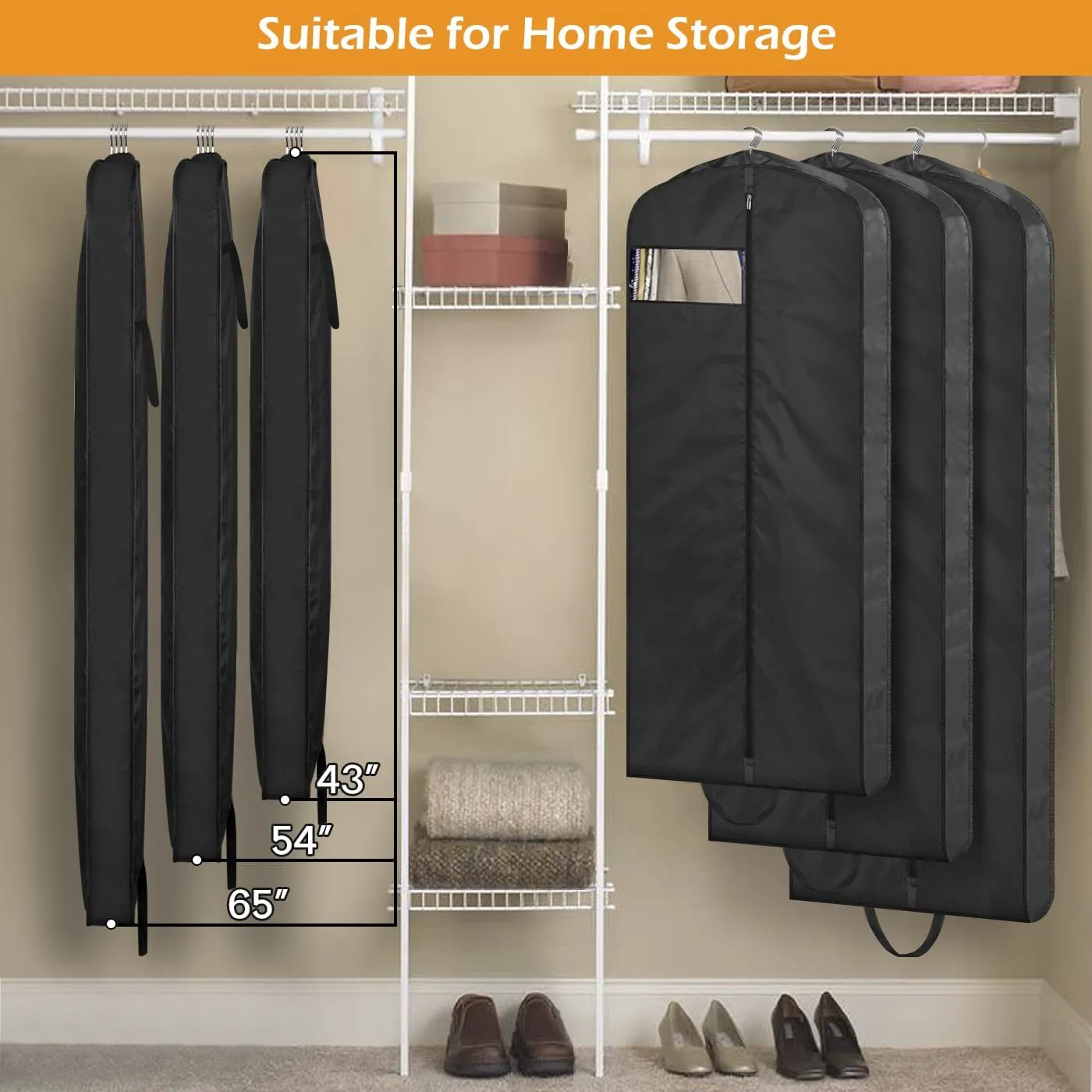 MISSLO 65" Long Garment Bags for Travel Dress Bags Wedding Dress Cover Waterproof Clothing Bags Storage Traveling Clothes Protector for Closet Wardrobe Bags 2 Packs for Gowns, Tuxedos, Coats, Black