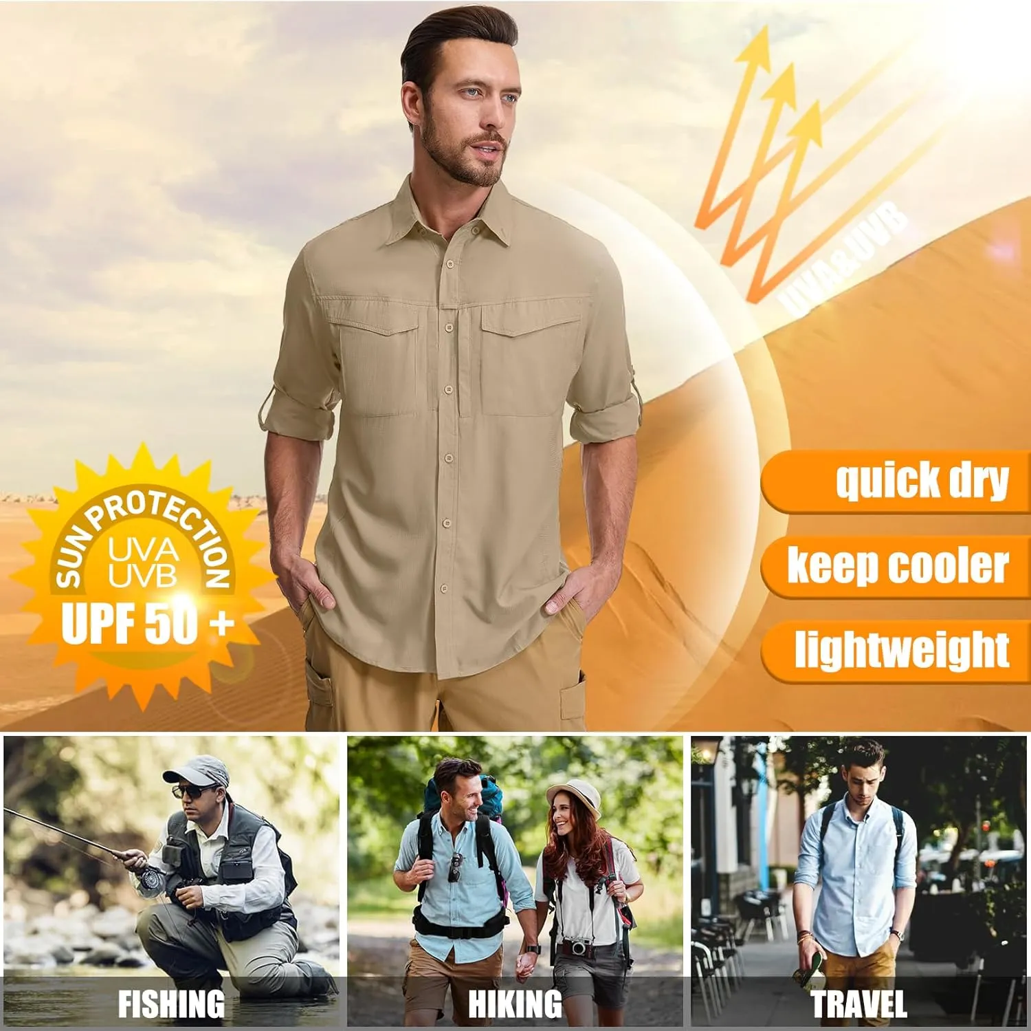 mixtiq Men's Sun Protection Safari Shirts Long Sleeve UPF 50  UV Quick Dry Travel Hiking Fishing Shirts with Zipper