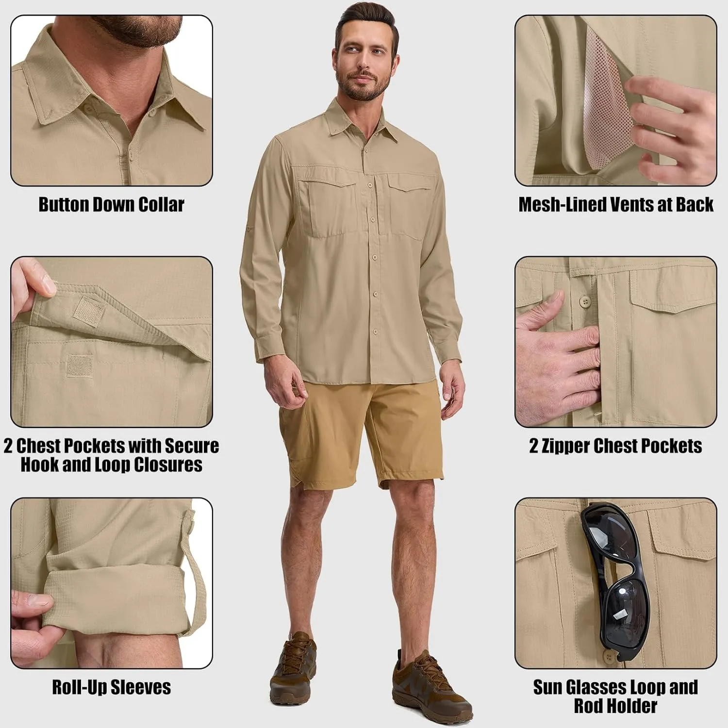 mixtiq Men's Sun Protection Safari Shirts Long Sleeve UPF 50  UV Quick Dry Travel Hiking Fishing Shirts with Zipper