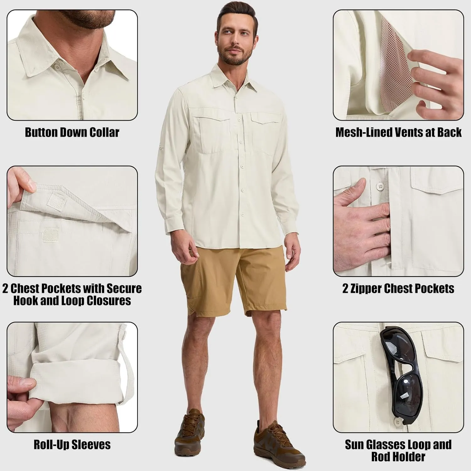 mixtiq Men's Sun Protection Safari Shirts Long Sleeve UPF 50  UV Quick Dry Travel Hiking Fishing Shirts with Zipper