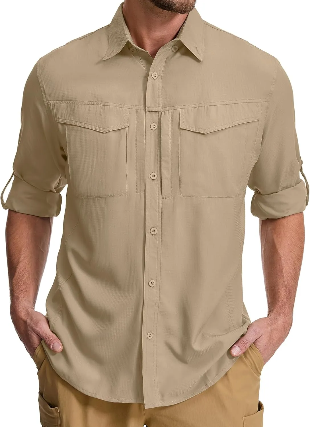 mixtiq Men's Sun Protection Safari Shirts Long Sleeve UPF 50  UV Quick Dry Travel Hiking Fishing Shirts with Zipper
