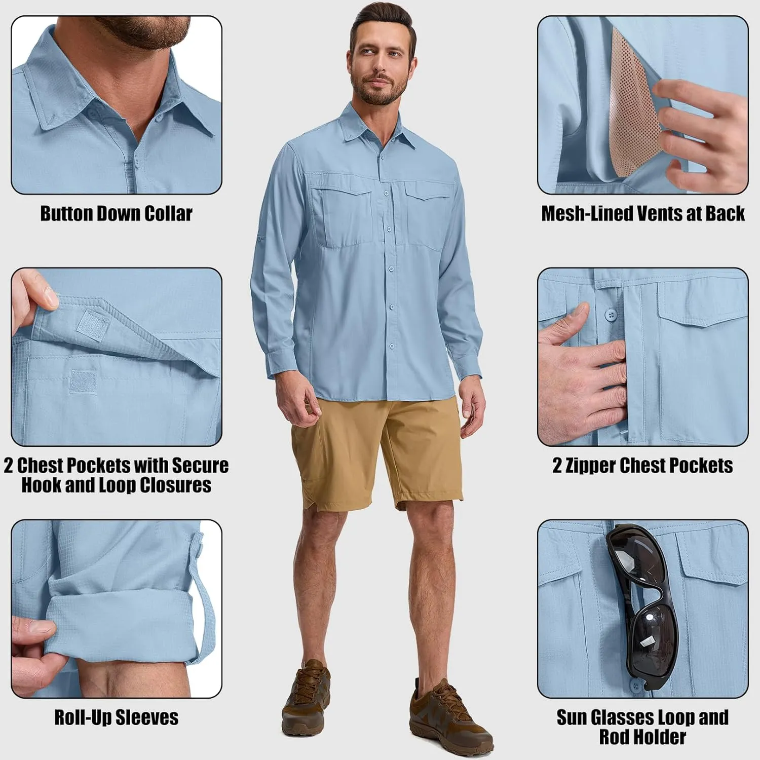 mixtiq Men's Sun Protection Safari Shirts Long Sleeve UPF 50  UV Quick Dry Travel Hiking Fishing Shirts with Zipper