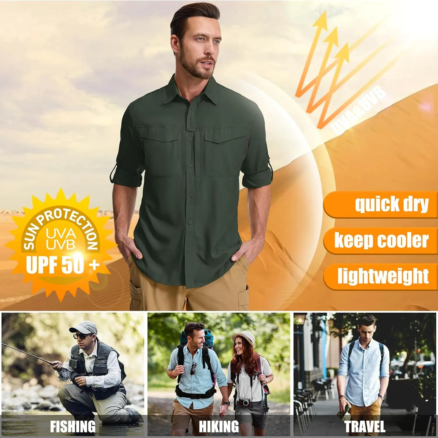 mixtiq Men's Sun Protection Safari Shirts Long Sleeve UPF 50  UV Quick Dry Travel Hiking Fishing Shirts with Zipper