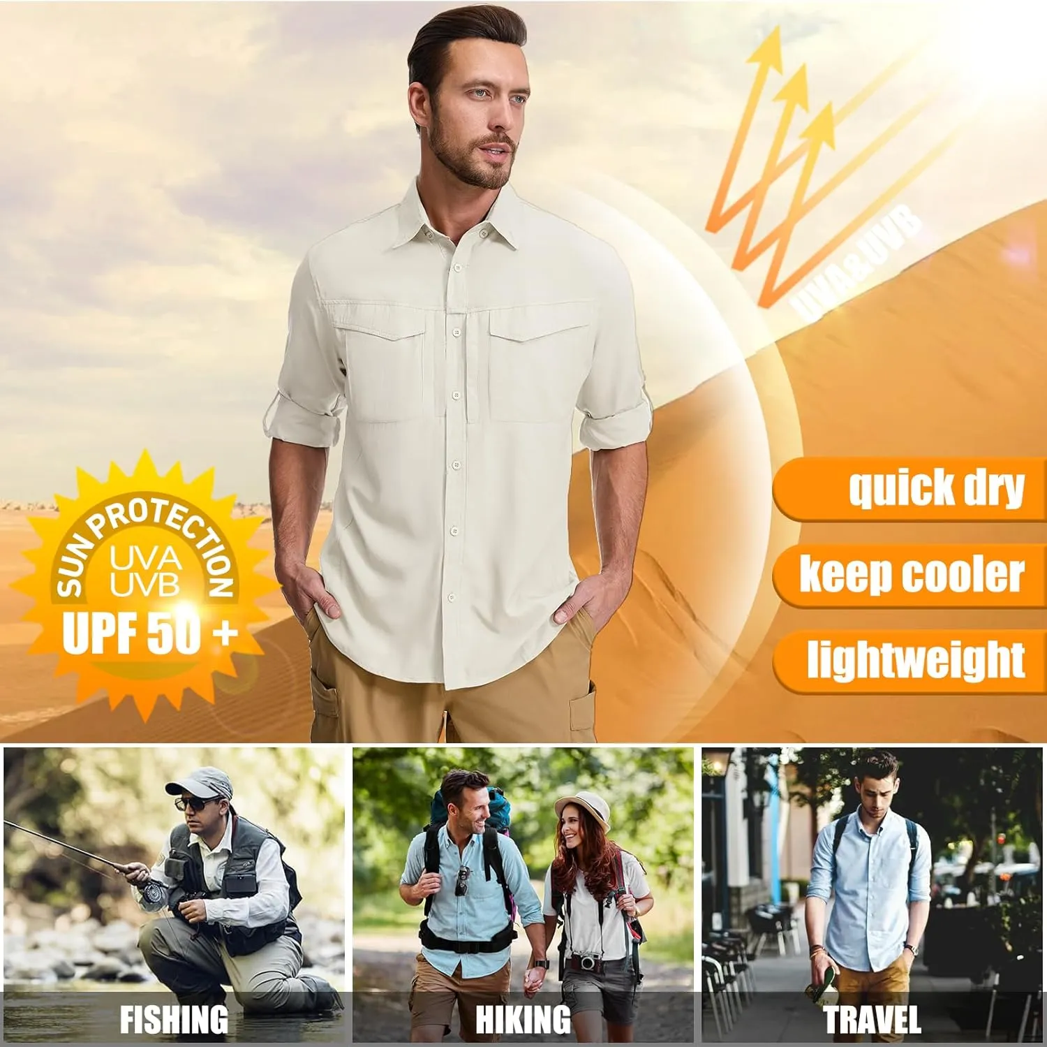 mixtiq Men's Sun Protection Safari Shirts Long Sleeve UPF 50  UV Quick Dry Travel Hiking Fishing Shirts with Zipper
