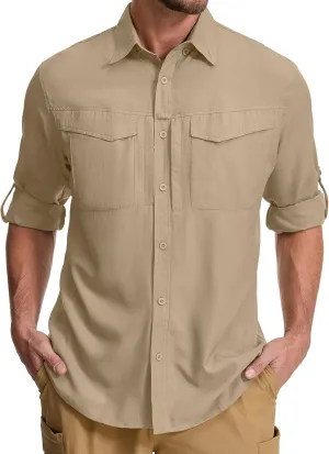 mixtiq Men's Sun Protection Safari Shirts Long Sleeve UPF 50  UV Quick Dry Travel Hiking Fishing Shirts with Zipper