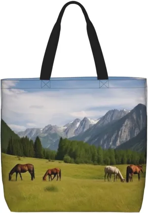 Mountain Pasture Grazing Horses Tote Bag for Women Hobo Handbags with Zipper Large Shoulder Bag Shopping Bags Travel Purse