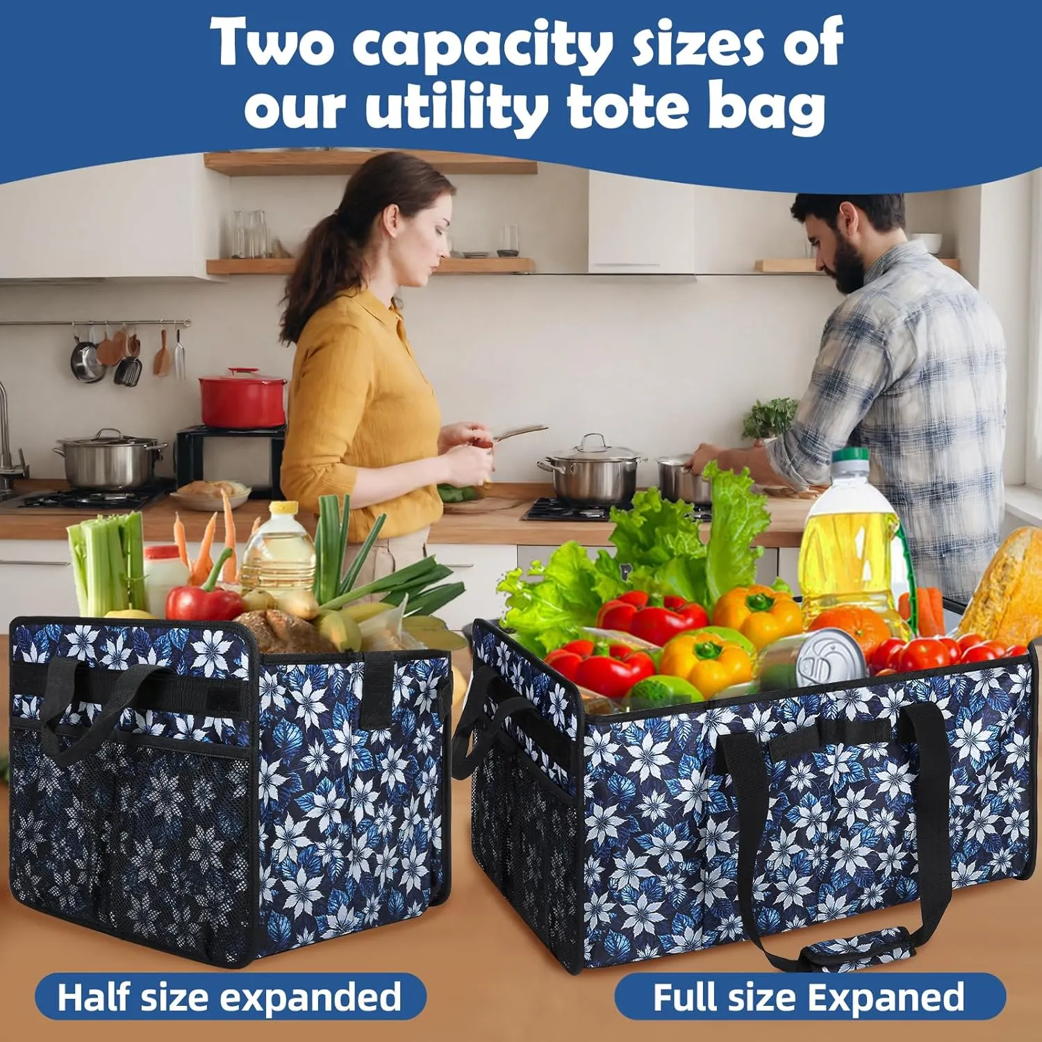 Muzale Extra Large Utility Tote Bag with Wire Frame Reusable Grocery Bags Foldable Heavy Duty Shopping Bags for Groceries Collapsible Totes with Handles for Carrying Heavy Loads Storage Car Trunk