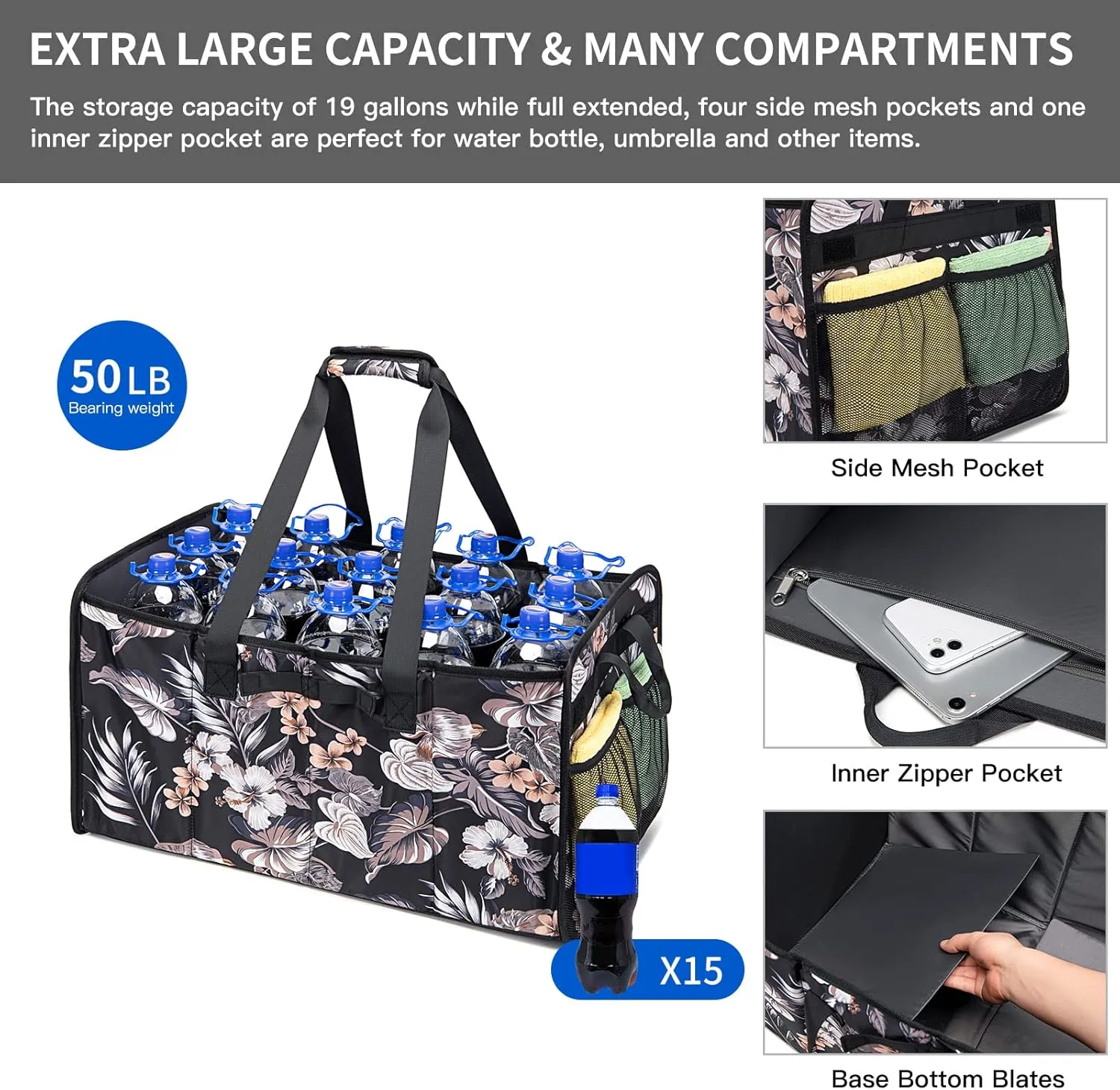 Muzale Extra Large Utility Tote Bag with Wire Frame Reusable Grocery Bags Foldable Heavy Duty Shopping Bags for Groceries Collapsible Totes with Handles for Carrying Heavy Loads Storage Car Trunk