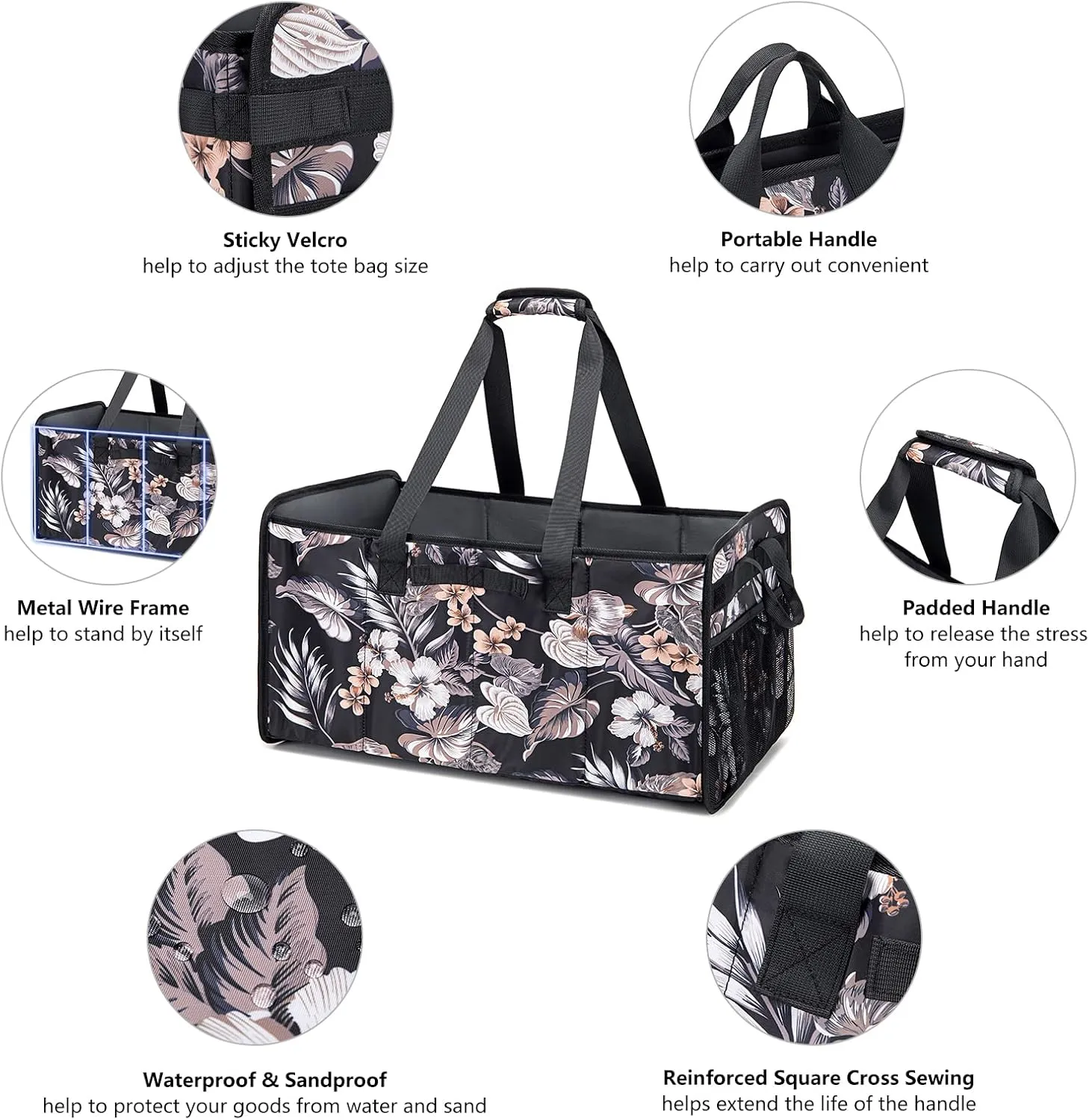 Muzale Extra Large Utility Tote Bag with Wire Frame Reusable Grocery Bags Foldable Heavy Duty Shopping Bags for Groceries Collapsible Totes with Handles for Carrying Heavy Loads Storage Car Trunk