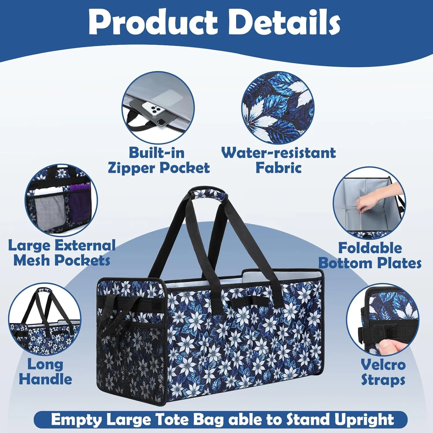 Muzale Extra Large Utility Tote Bag with Wire Frame Reusable Grocery Bags Foldable Heavy Duty Shopping Bags for Groceries Collapsible Totes with Handles for Carrying Heavy Loads Storage Car Trunk