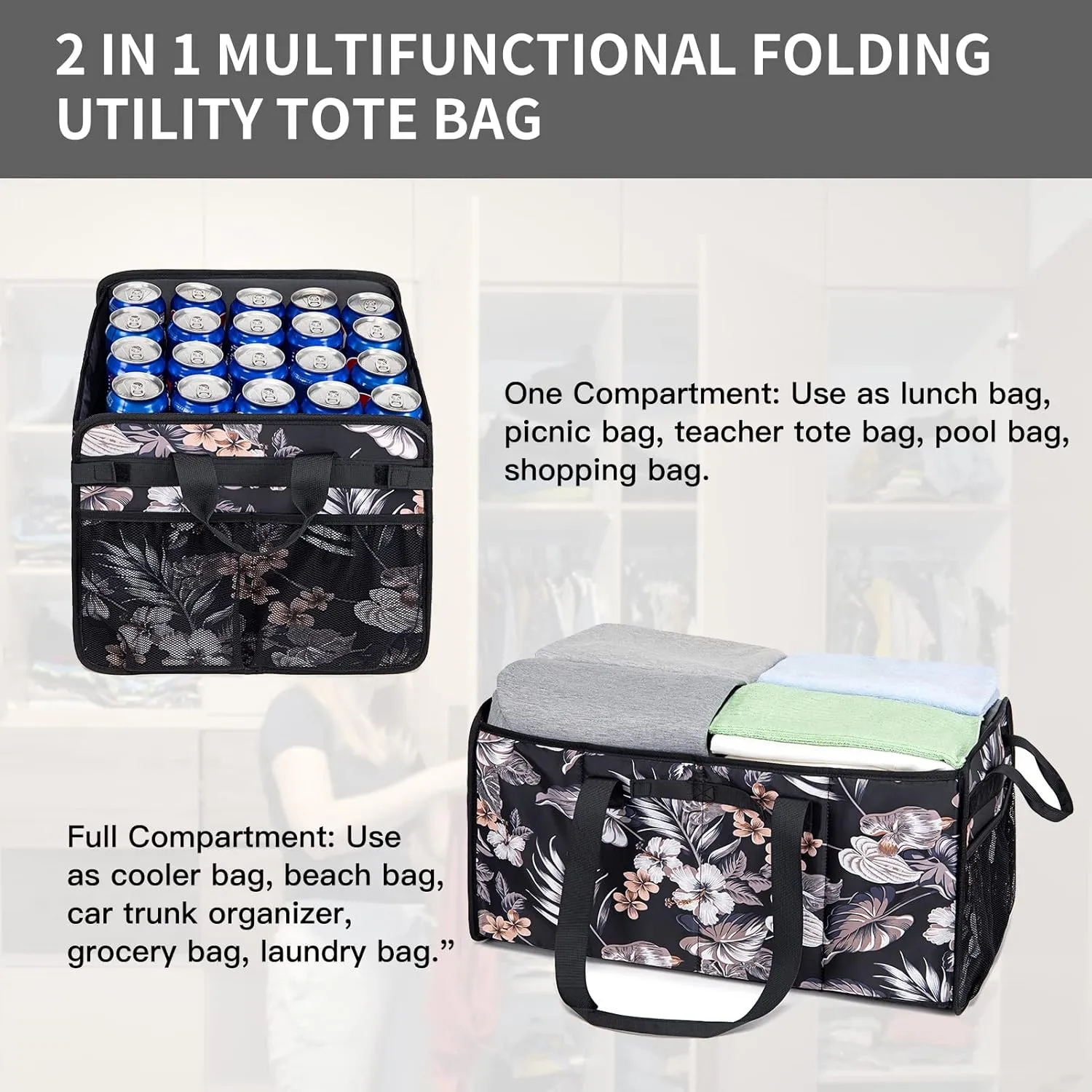 Muzale Extra Large Utility Tote Bag with Wire Frame Reusable Grocery Bags Foldable Heavy Duty Shopping Bags for Groceries Collapsible Totes with Handles for Carrying Heavy Loads Storage Car Trunk
