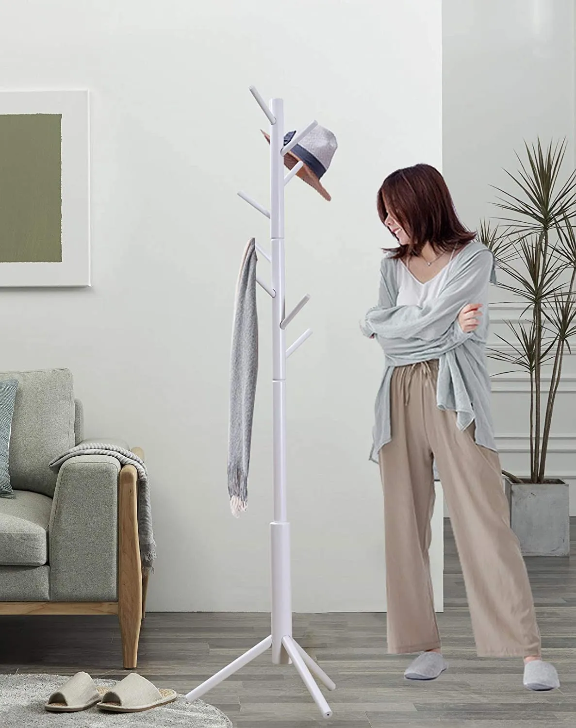 Neasyth Wood Coat Rack Entryway Standing for Hat Jacket Coat Hanger Rack in Living Room Bedroom Hall (White)