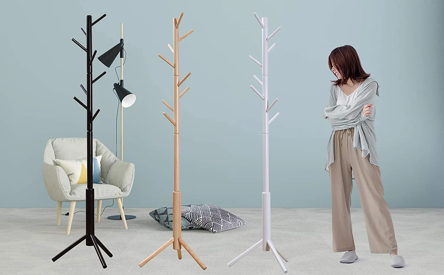 Neasyth Wood Coat Rack Entryway Standing for Hat Jacket Coat Hanger Rack in Living Room Bedroom Hall (White)