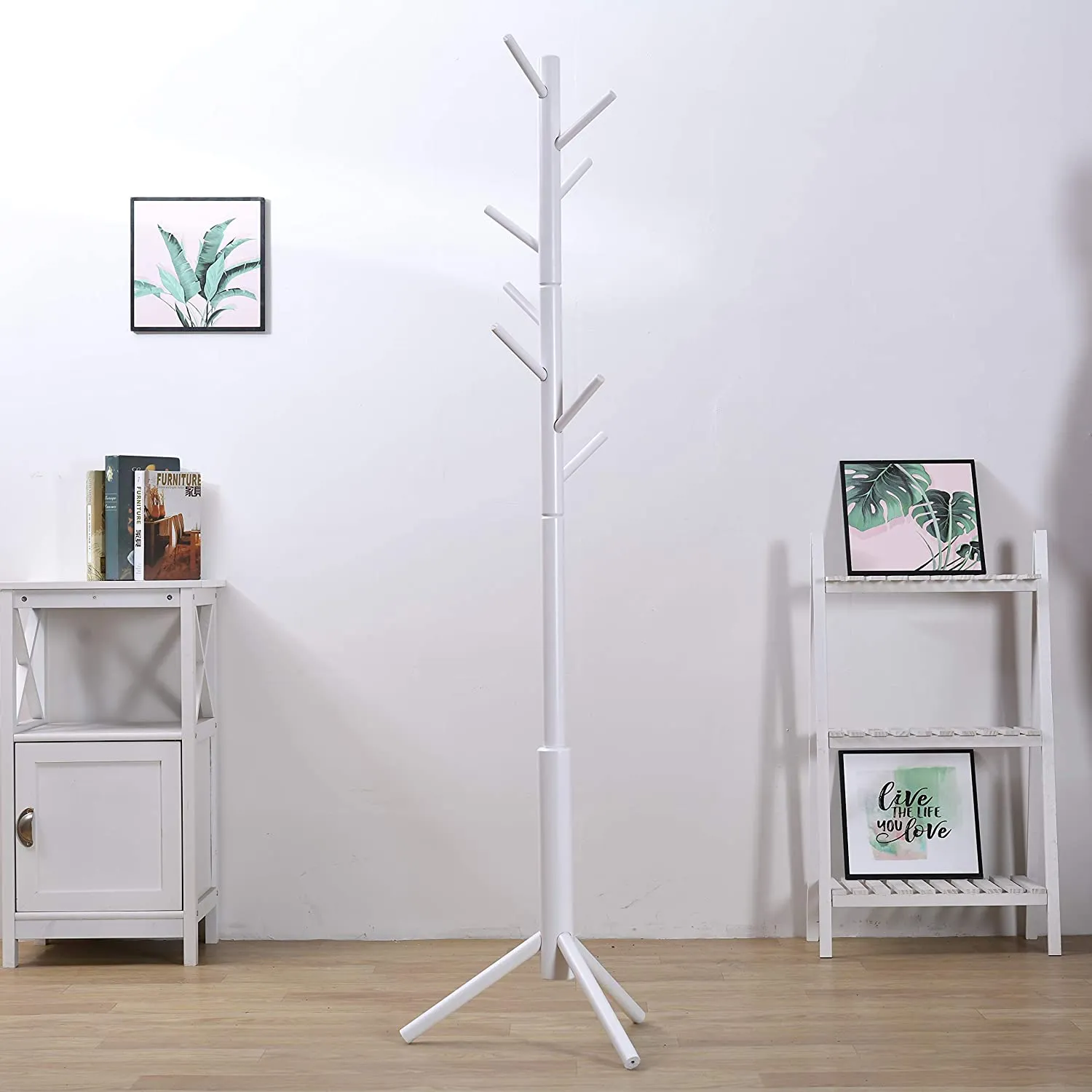 Neasyth Wood Coat Rack Entryway Standing for Hat Jacket Coat Hanger Rack in Living Room Bedroom Hall (White)