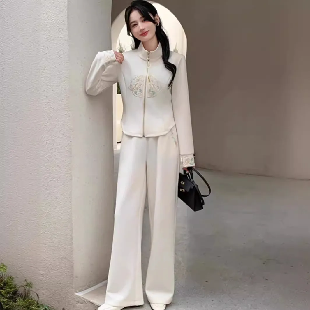 New Chinese Style National Wind Casual Sports Set for Women – Spring 2024 Fashionable Chic Open Cardigan and Wide-Legged Pants Two-Piece Set
