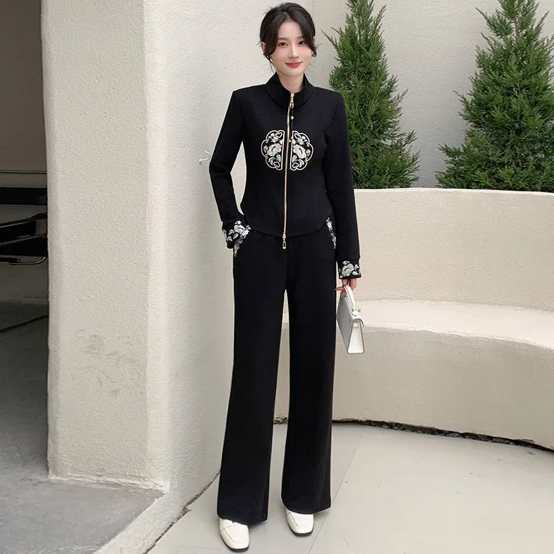 New Chinese Style National Wind Casual Sports Set for Women – Spring 2024 Fashionable Chic Open Cardigan and Wide-Legged Pants Two-Piece Set