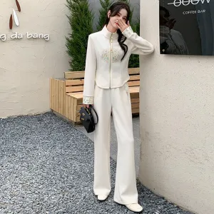 New Chinese Style National Wind Casual Sports Set for Women – Spring 2024 Fashionable Chic Open Cardigan and Wide-Legged Pants Two-Piece Set