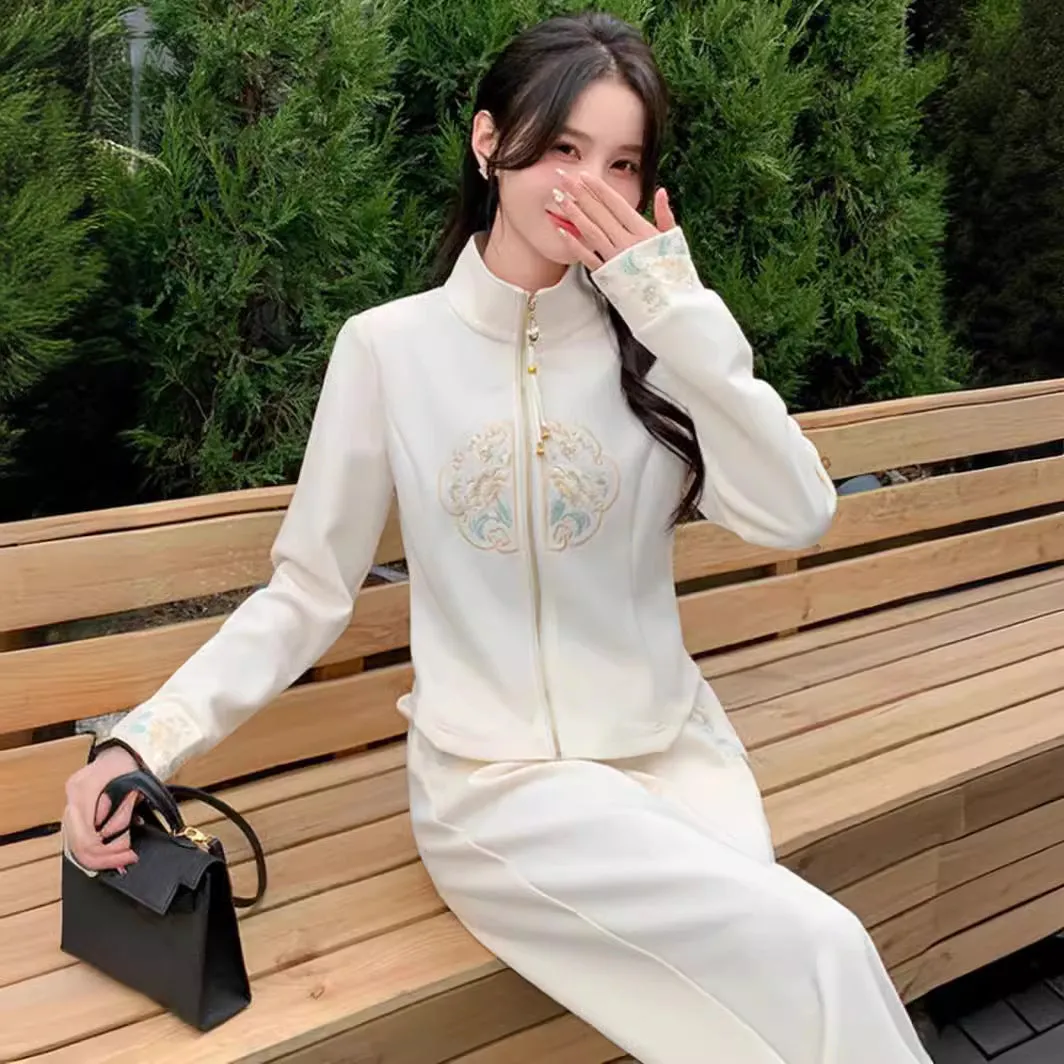 New Chinese Style National Wind Casual Sports Set for Women – Spring 2024 Fashionable Chic Open Cardigan and Wide-Legged Pants Two-Piece Set