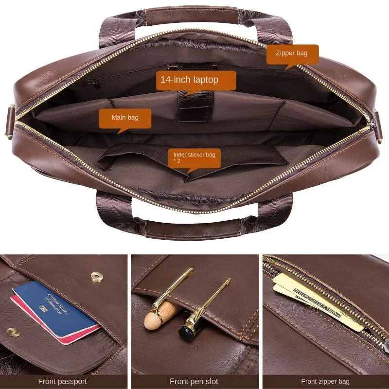 New Men Cow Leather Briefcase Men's Large Messenger Bag Vintage Document Shoulder Male Bag Office Handbag For Men Attache Case