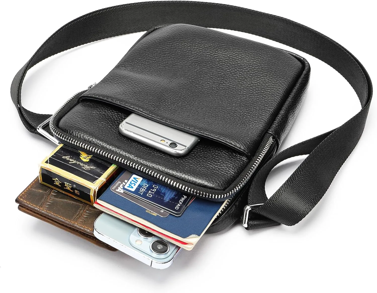 NIUCUNZH Man Purses and Bags Small, Mini Genuine Leather Messenger and Shoulder Bag for Men with lots of Zipper Pockets