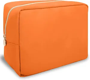 Nylon Large Makeup Bag Travel Cosmetic Bag Pouch, Preppy Big Makeup Bag Cute Cosmetic Zipper Pouch Purse, Waterproof Toiletry Bag Clutch Makeup Organizer Travel Essentials for Women Men Girls(Orange)