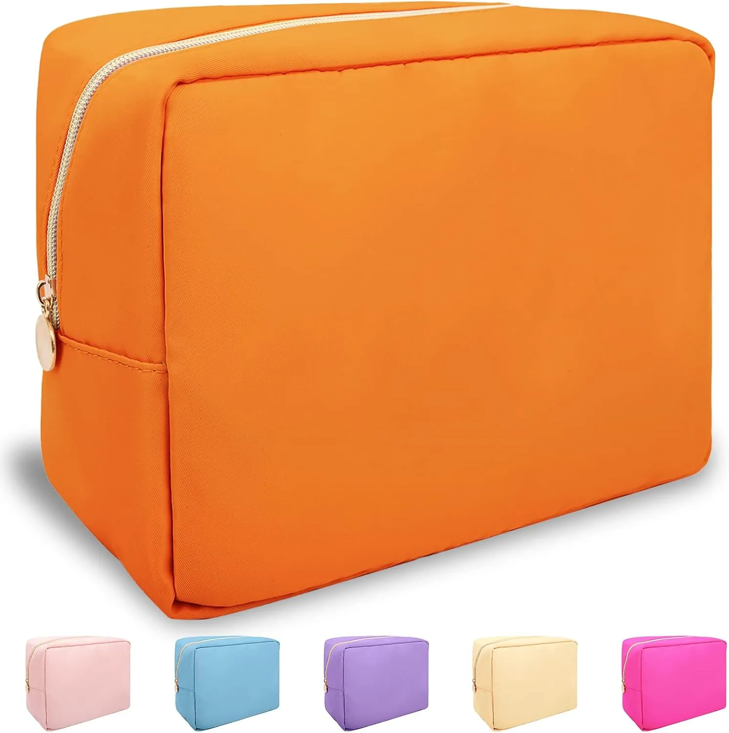 Nylon Large Makeup Bag Travel Cosmetic Bag Pouch, Preppy Big Makeup Bag Cute Cosmetic Zipper Pouch Purse, Waterproof Toiletry Bag Clutch Makeup Organizer Travel Essentials for Women Men Girls(Orange)