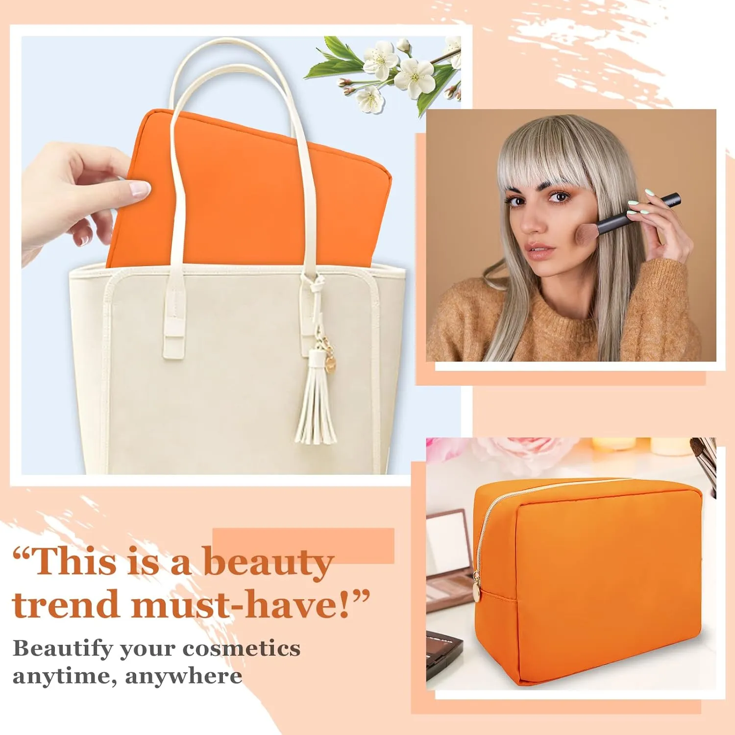 Nylon Large Makeup Bag Travel Cosmetic Bag Pouch, Preppy Big Makeup Bag Cute Cosmetic Zipper Pouch Purse, Waterproof Toiletry Bag Clutch Makeup Organizer Travel Essentials for Women Men Girls(Orange)