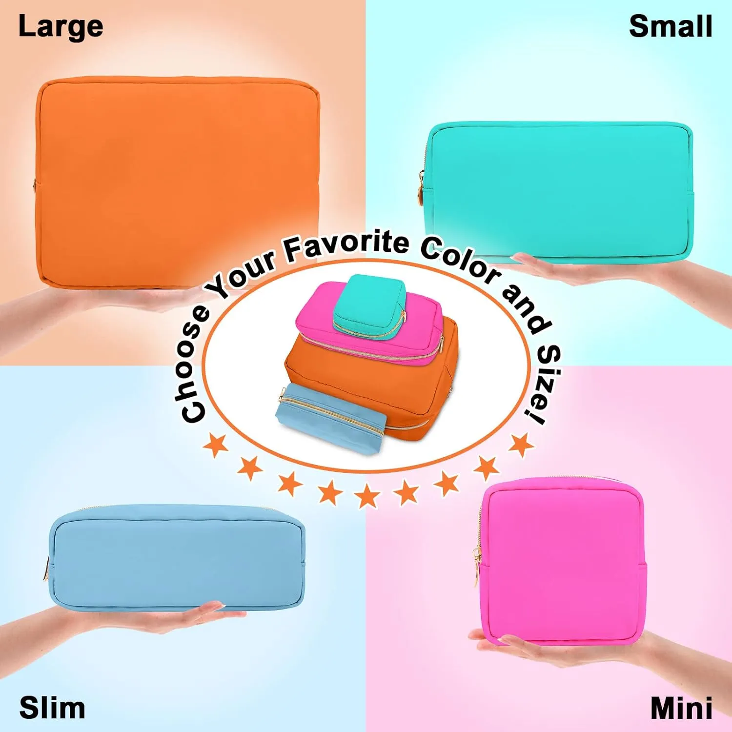 Nylon Large Makeup Bag Travel Cosmetic Bag Pouch, Preppy Big Makeup Bag Cute Cosmetic Zipper Pouch Purse, Waterproof Toiletry Bag Clutch Makeup Organizer Travel Essentials for Women Men Girls(Orange)