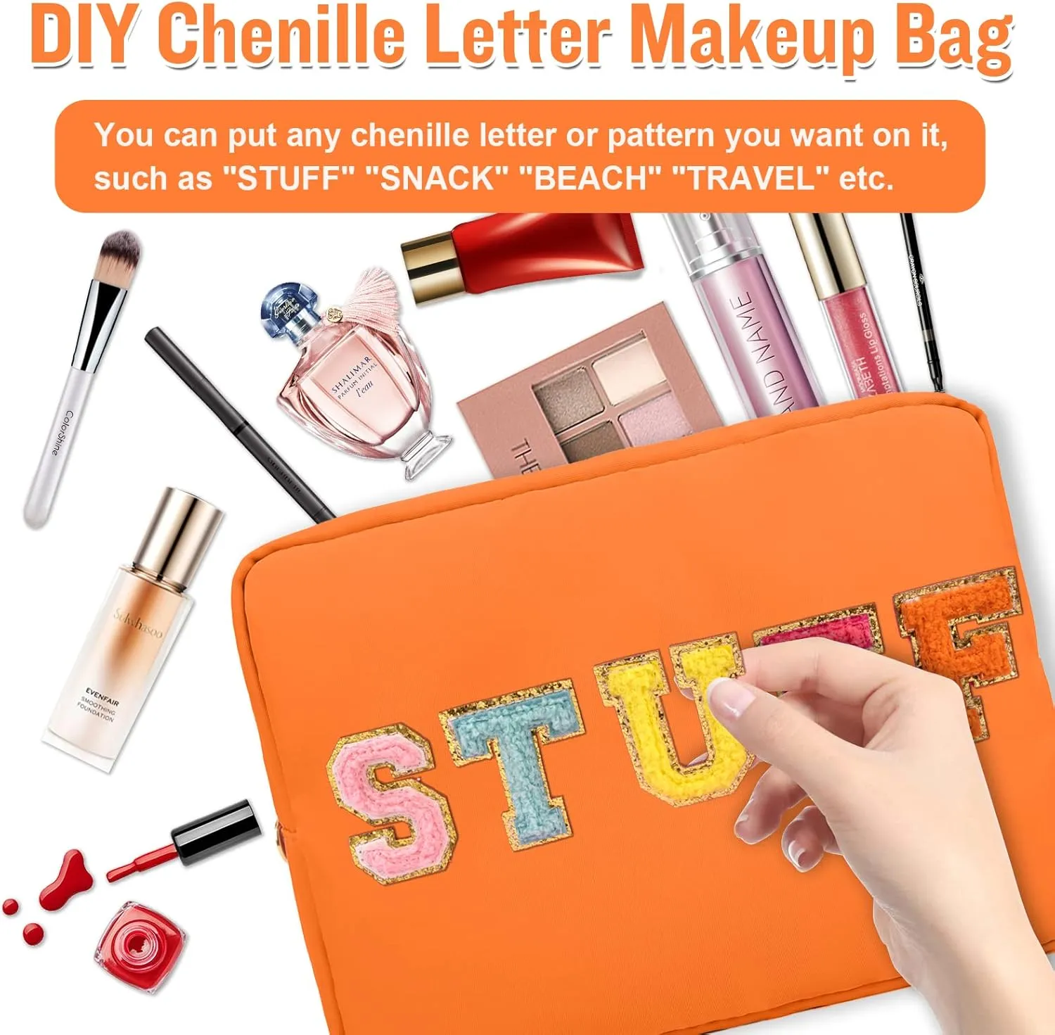 Nylon Large Makeup Bag Travel Cosmetic Bag Pouch, Preppy Big Makeup Bag Cute Cosmetic Zipper Pouch Purse, Waterproof Toiletry Bag Clutch Makeup Organizer Travel Essentials for Women Men Girls(Orange)