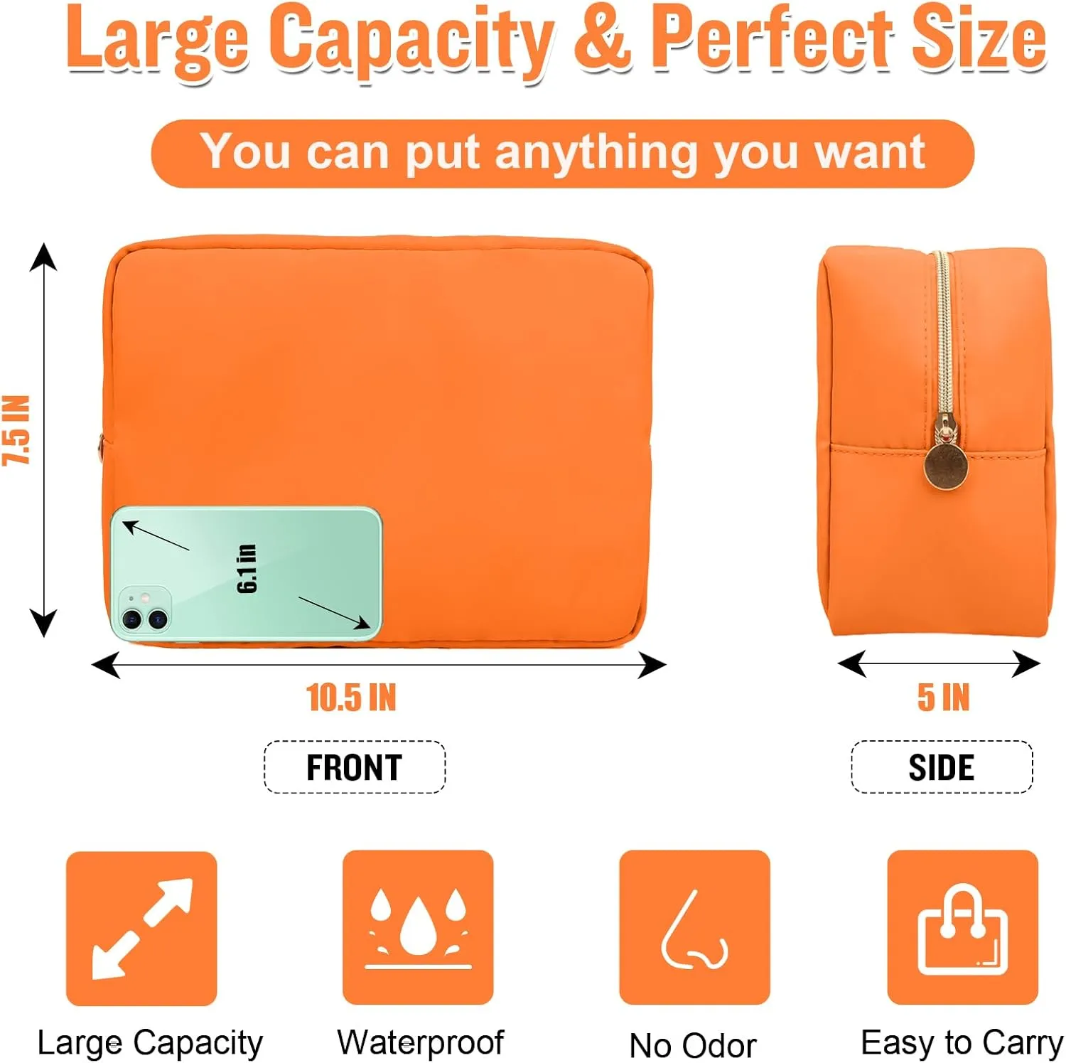 Nylon Large Makeup Bag Travel Cosmetic Bag Pouch, Preppy Big Makeup Bag Cute Cosmetic Zipper Pouch Purse, Waterproof Toiletry Bag Clutch Makeup Organizer Travel Essentials for Women Men Girls(Orange)