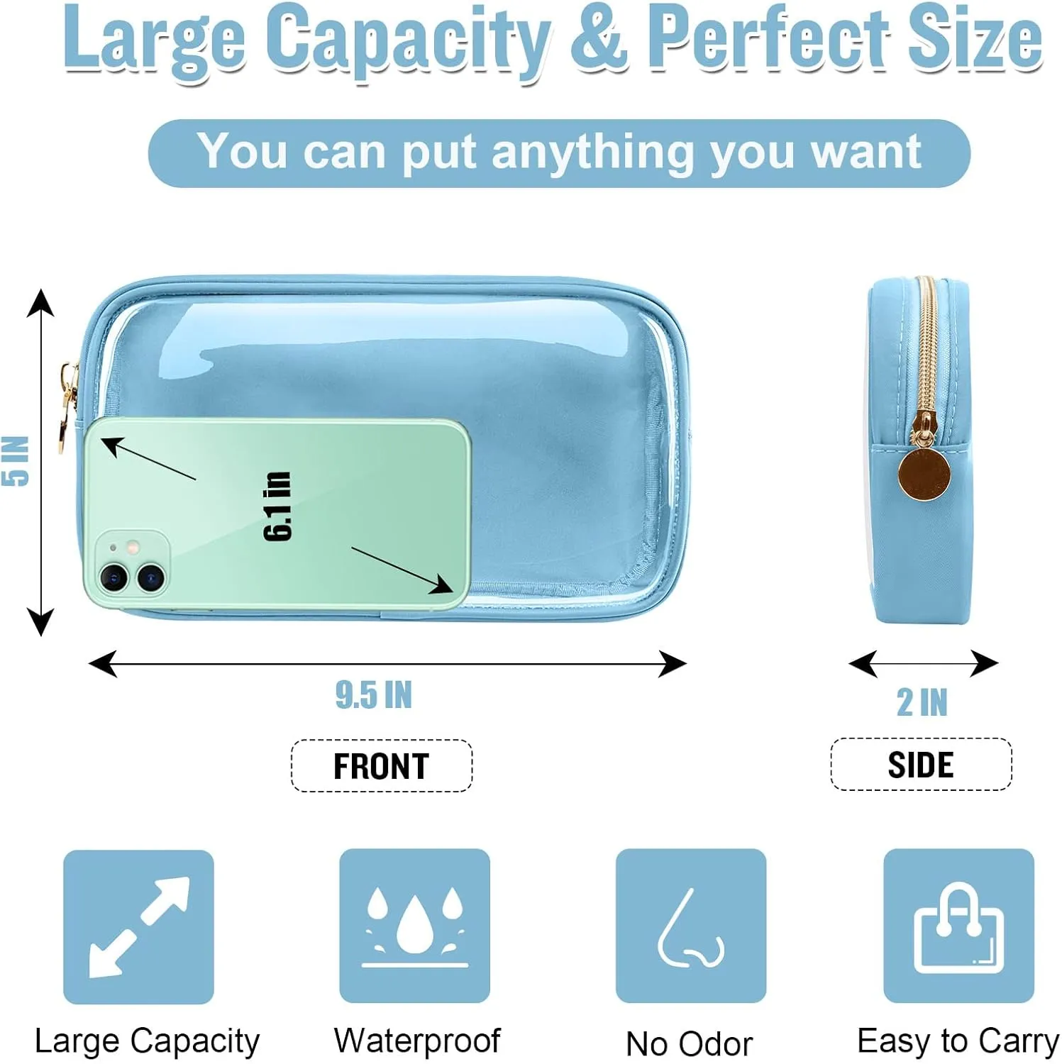 Nylon Small Clear Makeup Bag for Purse, Cute Makeup Bag Preppy Cosmetic Zipper Pouch Purse, Waterproof Travel Toiletry Bag Coin Pouch Clutch Make Up Brush Bag Organizer Storage for Women Ladies(Blue)