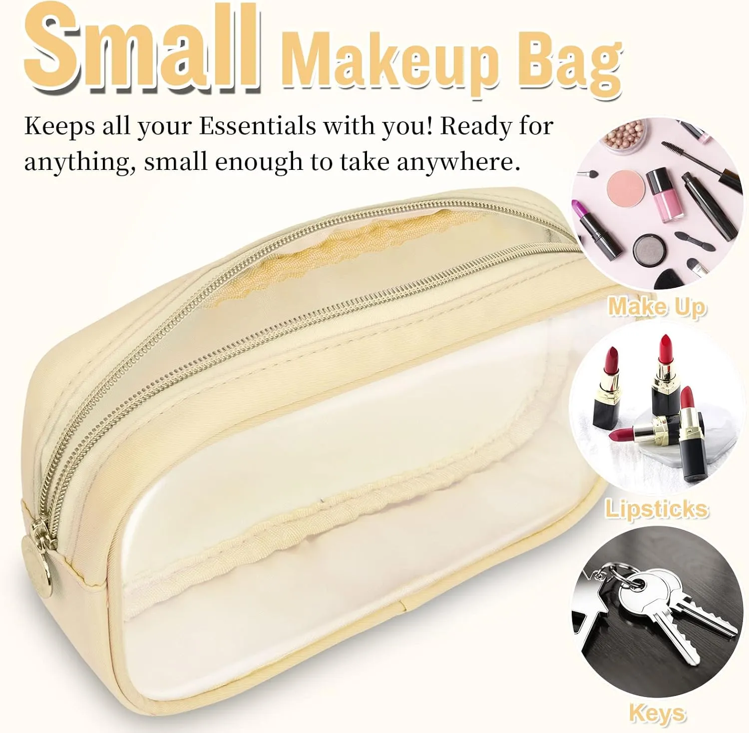 Nylon Small Clear Makeup Bag for Purse, Cute Makeup Bag Preppy Cosmetic Zipper Pouch Purse, Waterproof Travel Toiletry Bag Coin Pouch Clutch Makeup Brush Bag Organizer Storage for Women Ladies(Beige)