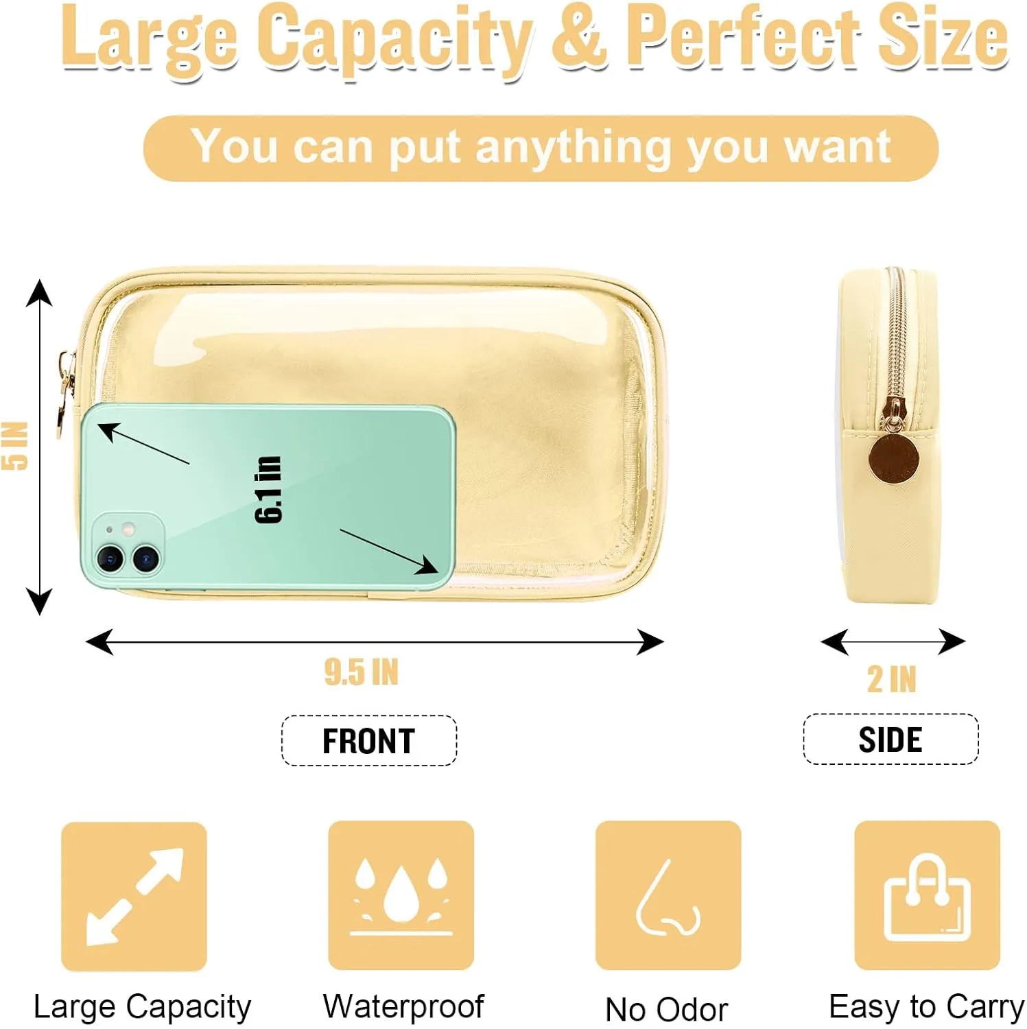Nylon Small Clear Makeup Bag for Purse, Cute Makeup Bag Preppy Cosmetic Zipper Pouch Purse, Waterproof Travel Toiletry Bag Coin Pouch Clutch Makeup Brush Bag Organizer Storage for Women Ladies(Beige)