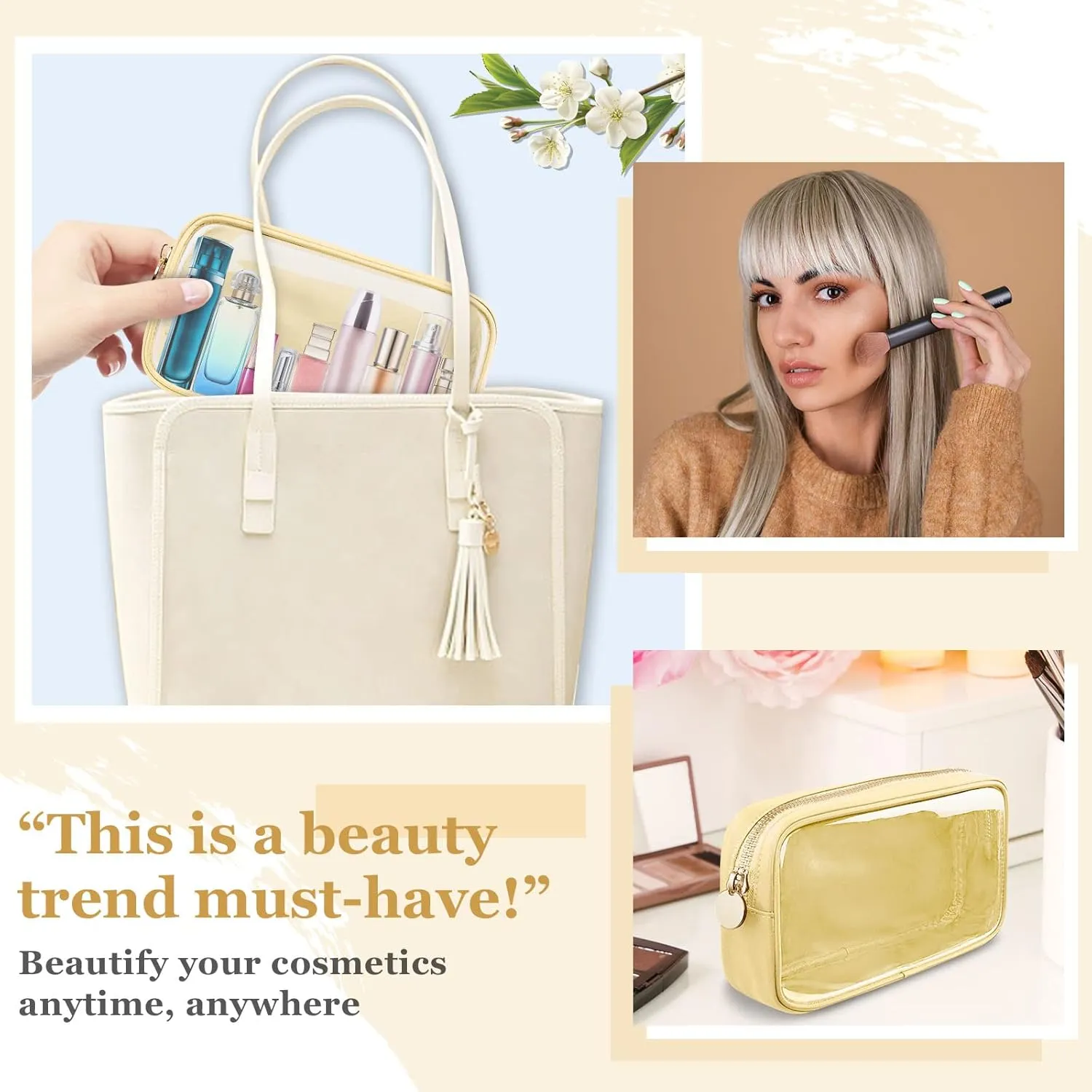 Nylon Small Clear Makeup Bag for Purse, Cute Makeup Bag Preppy Cosmetic Zipper Pouch Purse, Waterproof Travel Toiletry Bag Coin Pouch Clutch Makeup Brush Bag Organizer Storage for Women Ladies(Beige)