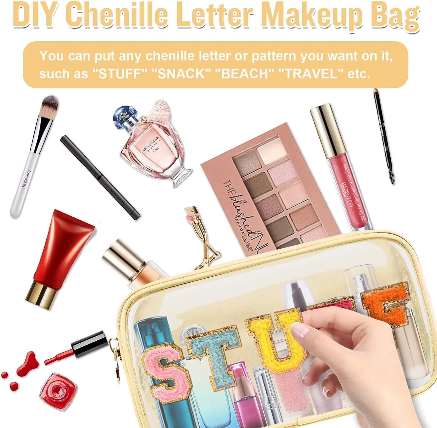 Nylon Small Clear Makeup Bag for Purse, Cute Makeup Bag Preppy Cosmetic Zipper Pouch Purse, Waterproof Travel Toiletry Bag Coin Pouch Clutch Makeup Brush Bag Organizer Storage for Women Ladies(Beige)