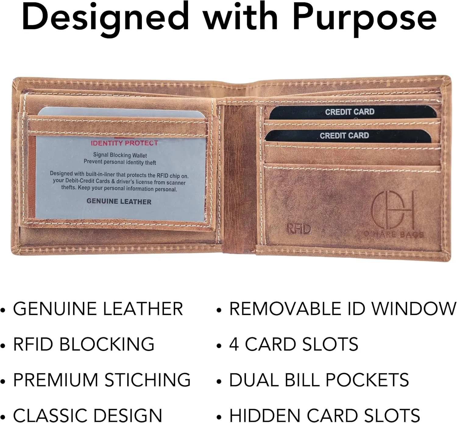 O'Hare Bags Genuine Leather Wallet for Men, RFID Blocking, Cowhide Leather, Slim, Extra Capacity wallet with Removable ID Insert (Vintage Brown)