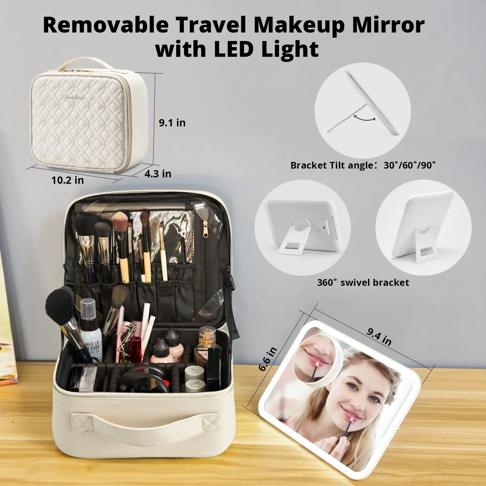 Omobolanle Makeup Bag with Mirror Led Light Detachable Portable Make up Travel Train Case with Adjustable Dividers and 10x Magnifying Mirror Beige
