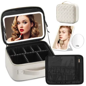 Omobolanle Makeup Bag with Mirror Led Light Detachable Portable Make up Travel Train Case with Adjustable Dividers and 10x Magnifying Mirror Beige