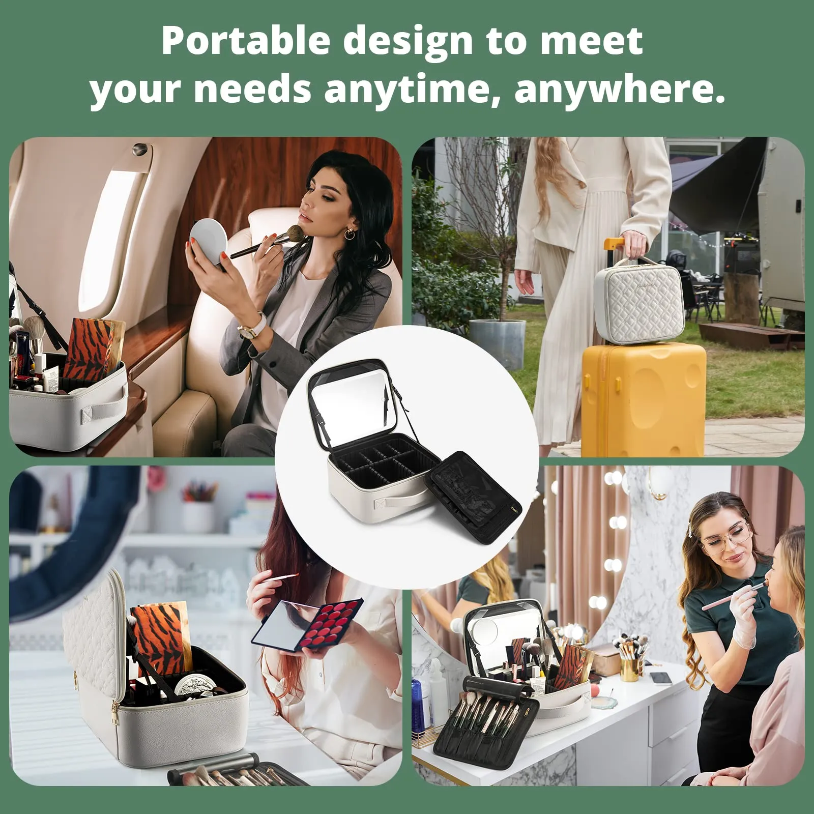 Omobolanle Makeup Bag with Mirror Led Light Detachable Portable Make up Travel Train Case with Adjustable Dividers and 10x Magnifying Mirror Beige