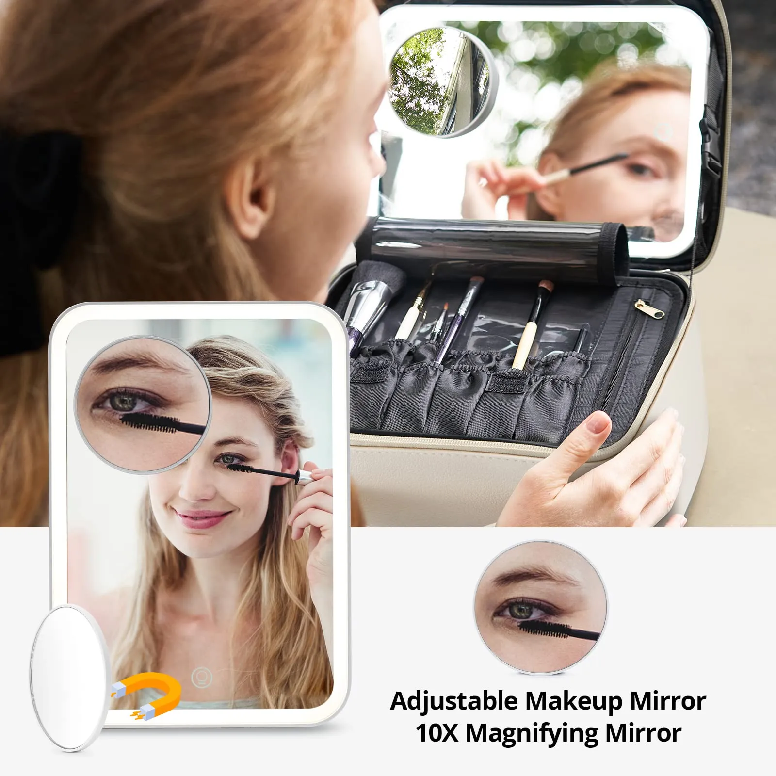 Omobolanle Makeup Bag with Mirror Led Light Detachable Portable Make up Travel Train Case with Adjustable Dividers and 10x Magnifying Mirror Beige