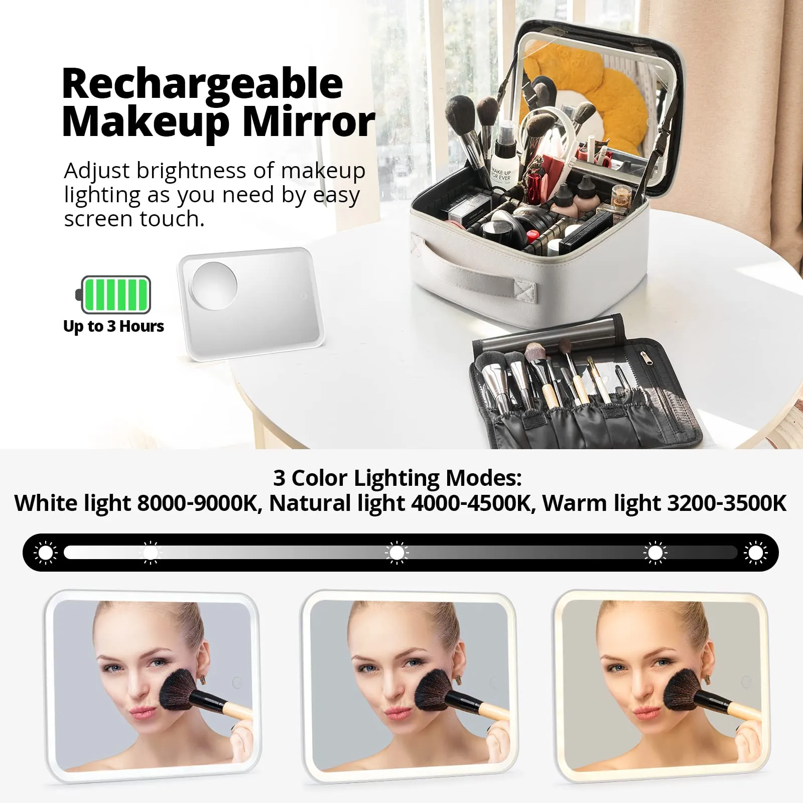 Omobolanle Makeup Bag with Mirror Led Light Detachable Portable Make up Travel Train Case with Adjustable Dividers and 10x Magnifying Mirror Beige