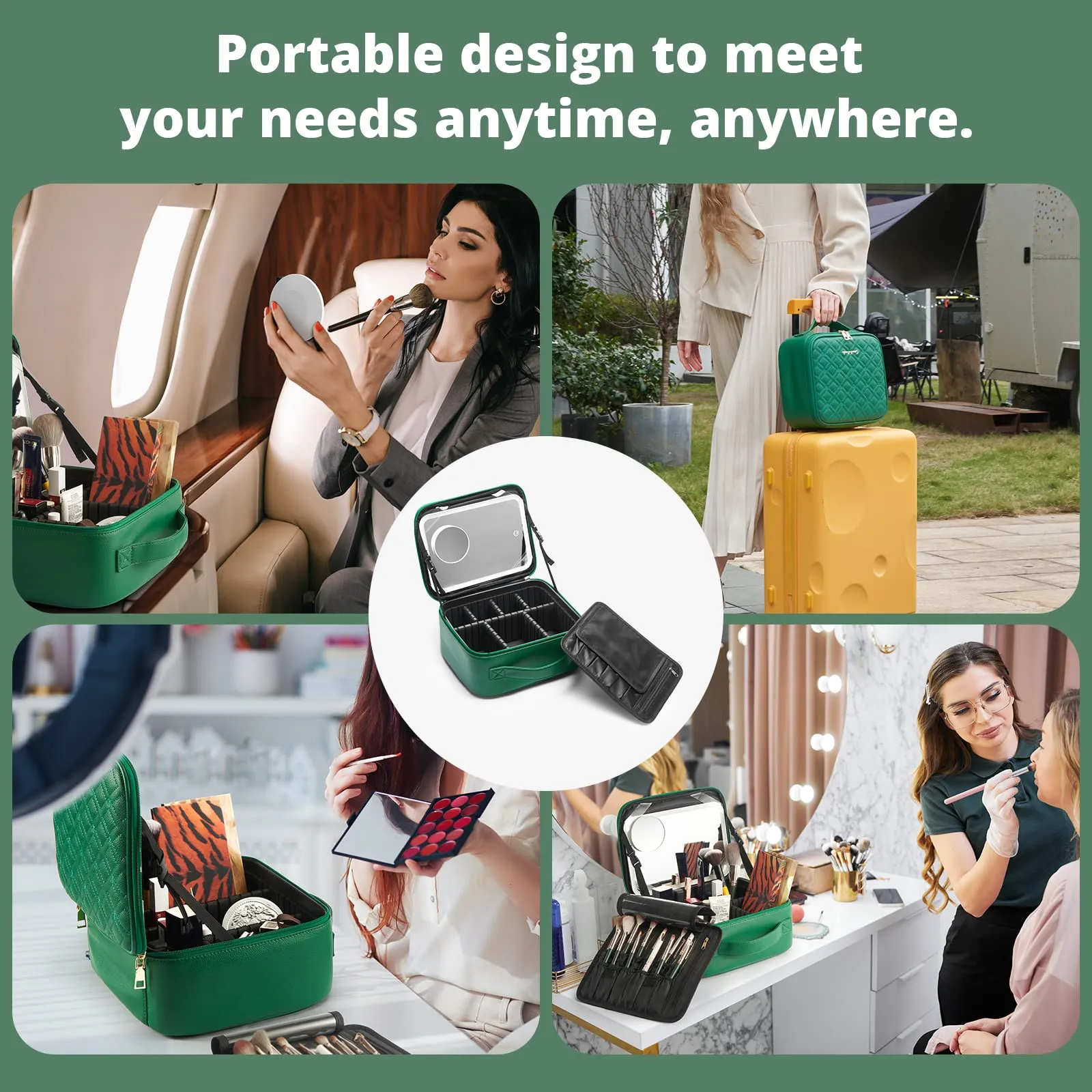 Omobolanle Makeup Bag with Mirror Led Light Detachable Portable Make up Travel Train Case with Adjustable Dividers and 10x Magnifying Mirror Green
