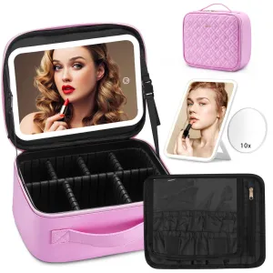 Omobolanle Makeup Bag with Mirror Led Light Detachable Portable Make up Travel Train Case with Adjustable Dividers and 10x Magnifying Mirror Pink