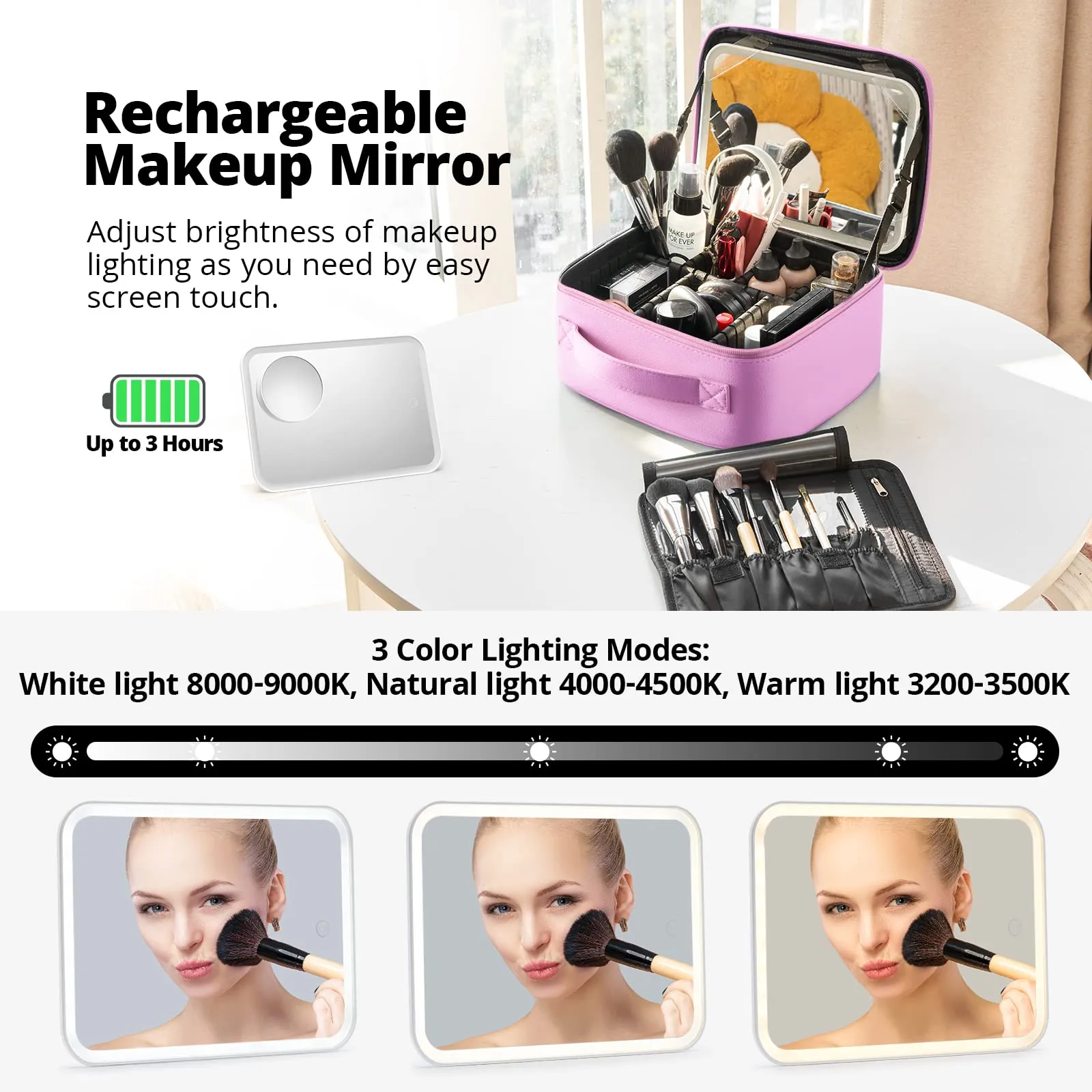 Omobolanle Makeup Bag with Mirror Led Light Detachable Portable Make up Travel Train Case with Adjustable Dividers and 10x Magnifying Mirror Pink