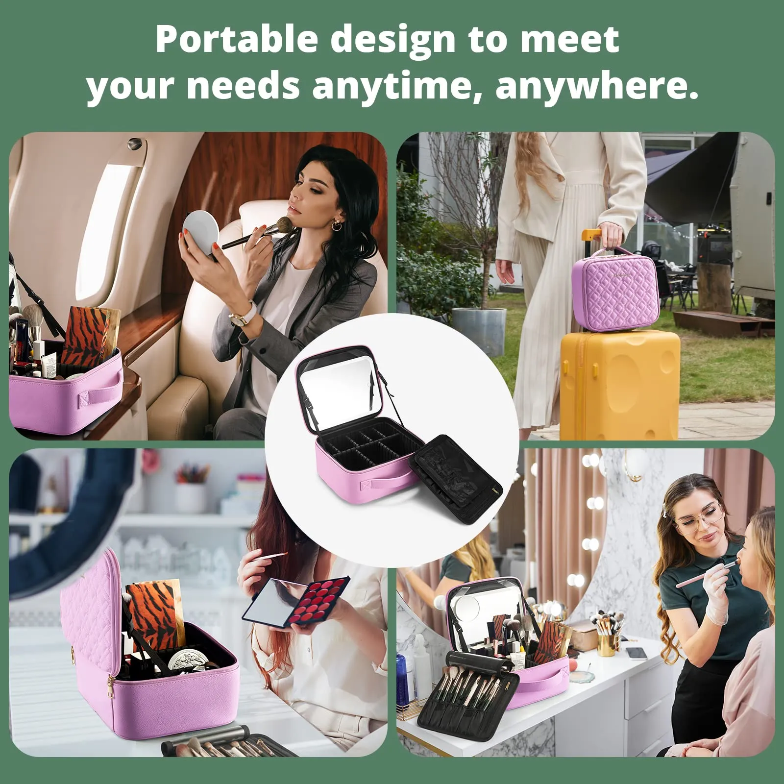 Omobolanle Makeup Bag with Mirror Led Light Detachable Portable Make up Travel Train Case with Adjustable Dividers and 10x Magnifying Mirror Pink