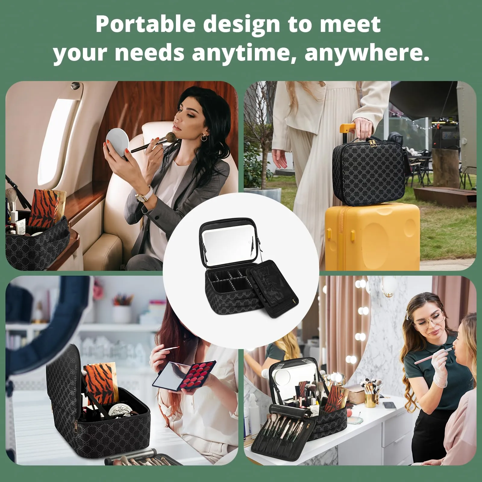 Omobolanle Makeup Bag with Mirror Led Light Detachable Portable Makeup Organizer Travel Cosmetic Train Case with Dividers and 10x Magnifying Mirror Cosmetic Toiletry Bag Black/Grey
