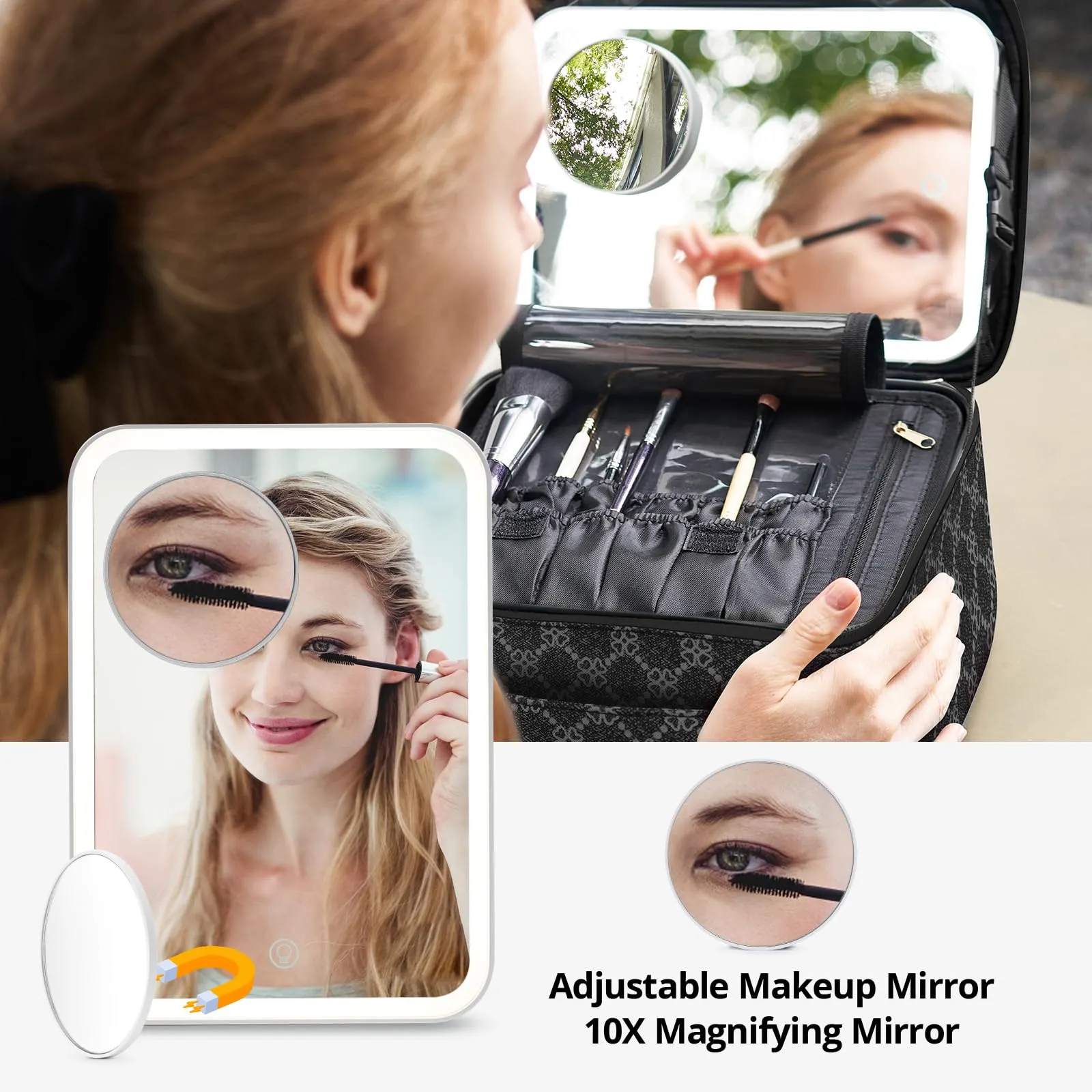 Omobolanle Makeup Bag with Mirror Led Light Detachable Portable Makeup Organizer Travel Cosmetic Train Case with Dividers and 10x Magnifying Mirror Cosmetic Toiletry Bag Black/Grey