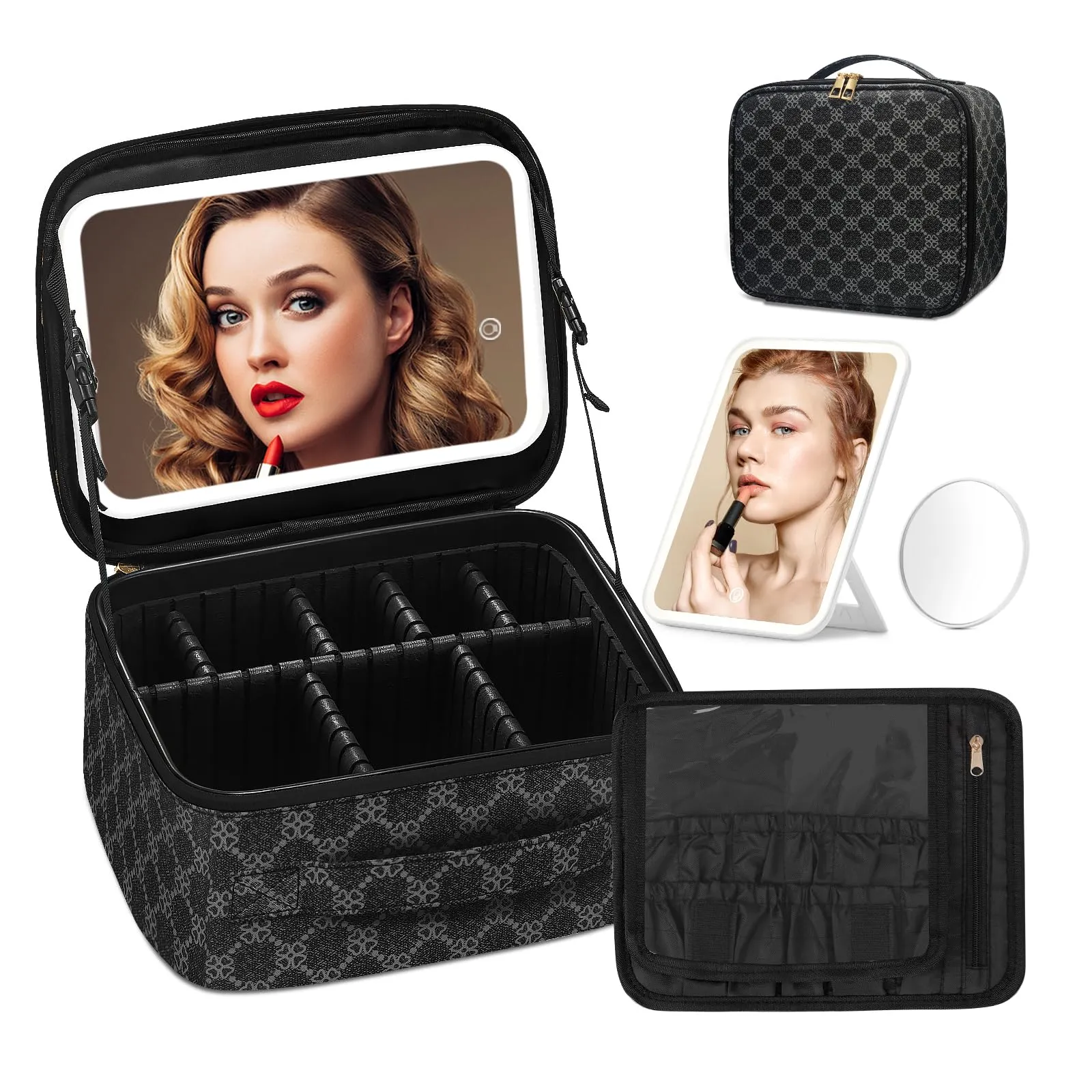 Omobolanle Makeup Bag with Mirror Led Light Detachable Portable Makeup Organizer Travel Cosmetic Train Case with Dividers and 10x Magnifying Mirror Cosmetic Toiletry Bag Black/Grey