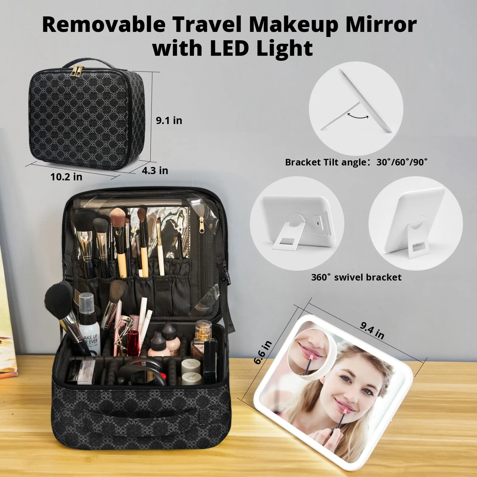Omobolanle Makeup Bag with Mirror Led Light Detachable Portable Makeup Organizer Travel Cosmetic Train Case with Dividers and 10x Magnifying Mirror Cosmetic Toiletry Bag Black/Grey